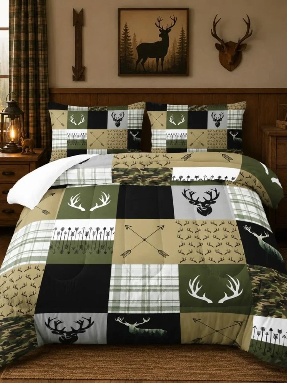 Hunting Camo Comforter Sets Queen Size，Bedding Sets for Kids,Arrows and Deers Co
